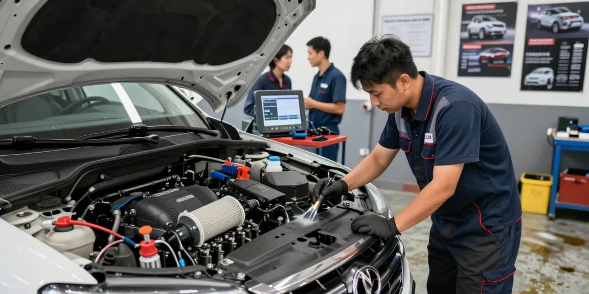 DPF Reinigung Hannover in professioneller Werkstatt mit Mechaniker und moderner Fahrzeugtechnik.