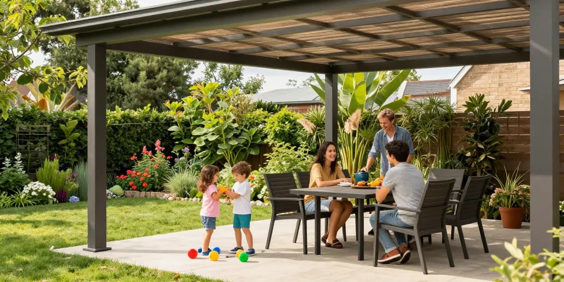 Freistehende Terrassenüberdachung im Garten mit spielenden Kindern.