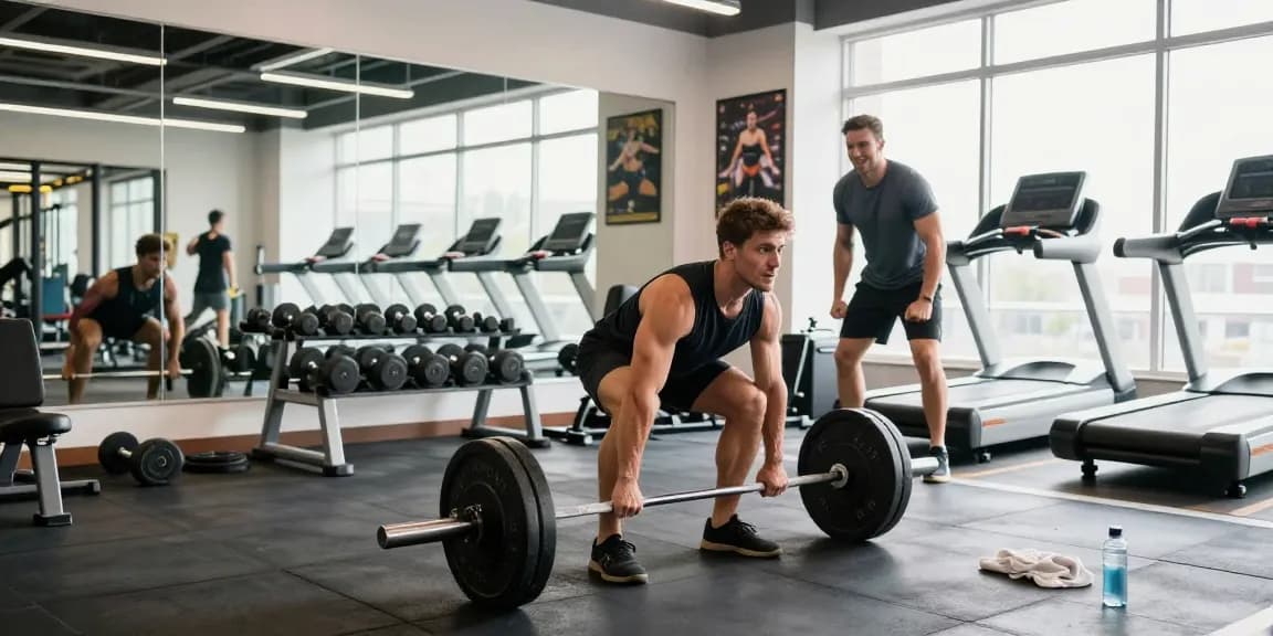 Steroidshop: Bodybuilder beim Training mit Gewichten im modernen Fitnessstudio, motivierende Atmosphäre.