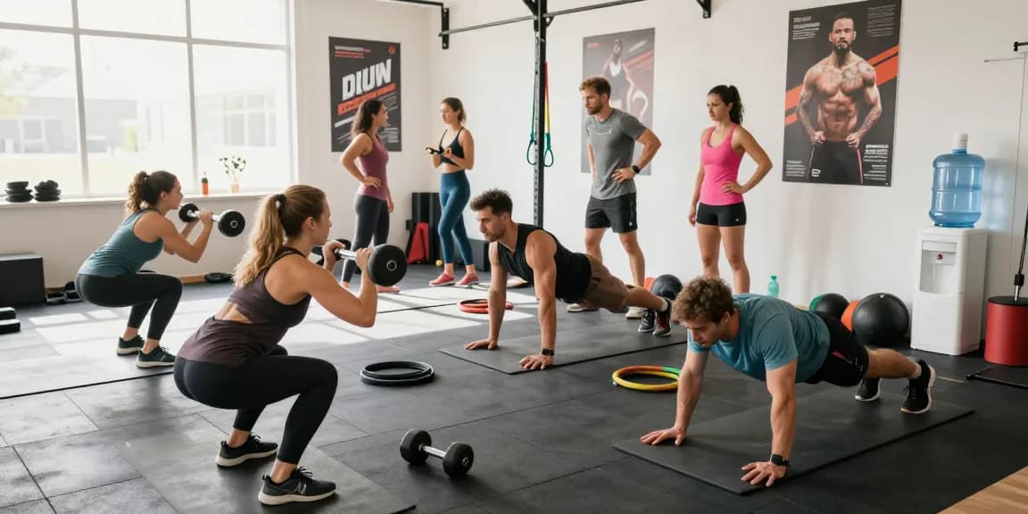 Aktive Fitnessgemeinschaft mit Deus Medical Produkten in einem modernen Fitnessstudio, die gemeinsam trainieren und sich gegenseitig motivieren.