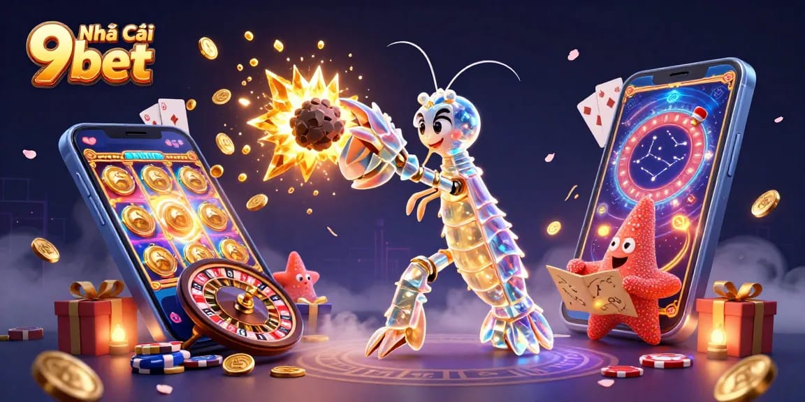 Experience excitement at Nhà Cái 9bet with a vibrant casino scene featuring 3D characters and game elements.