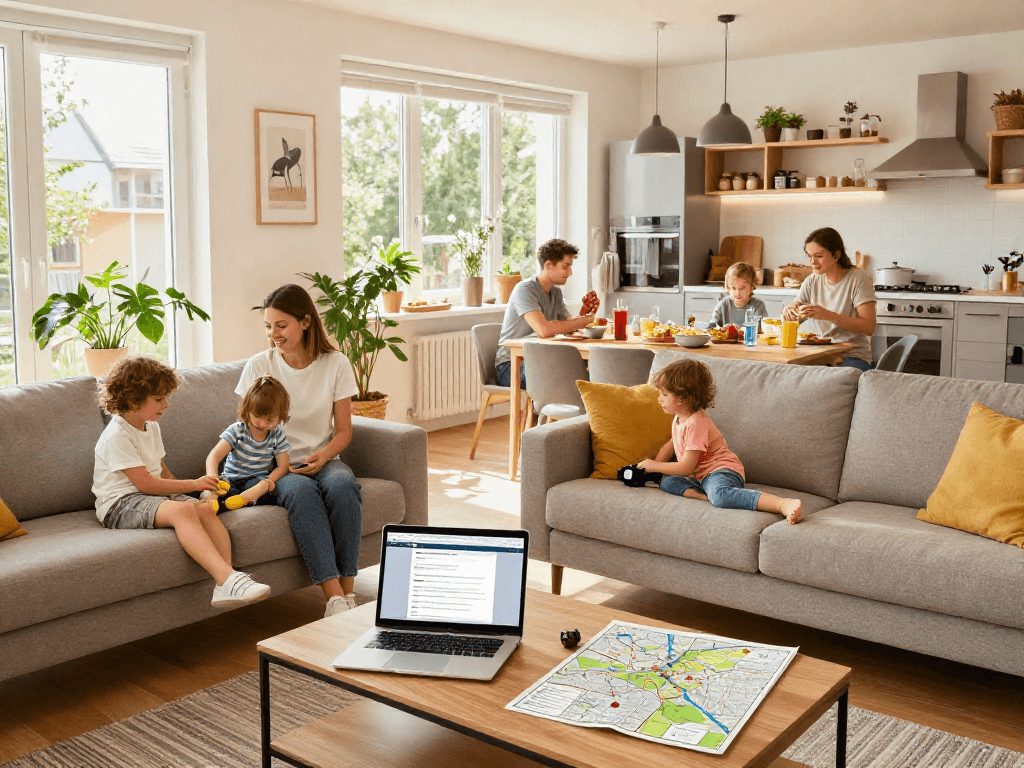 Gemütliche Atmosphäre in einem modernen Monteurzimmer in Hannover, Familie genießt den Aufenthalt.