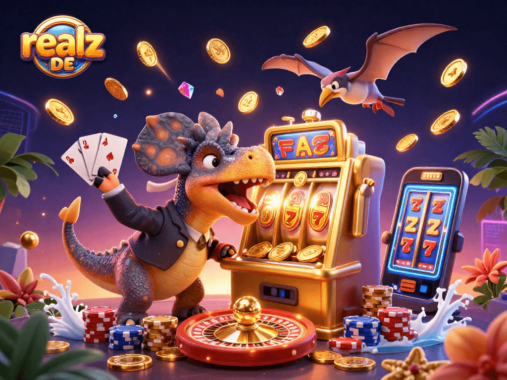 Das Bild zeigt, wie der Pachycephalosaurus die goldene Slotmaschine von realz DE anfeuert, um jackpotartige Münzen auszuzahlen, umgeben von glitzernden Edelsteinen und Casinospielen.