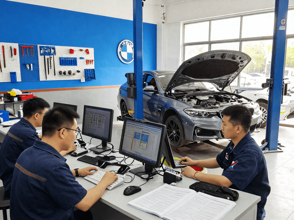 Professionelle BMW Werkstatt Hannover mit Technikern bei der Fahrzeugdiagnose.