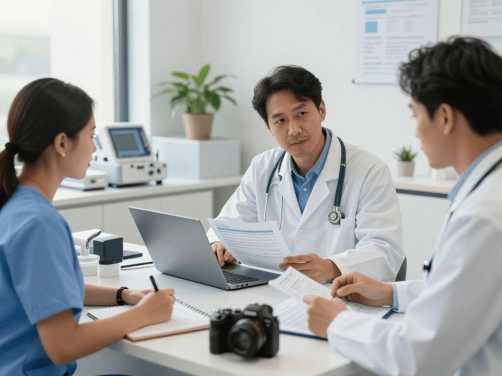 Gesundheitswesen Arzt: Medizinisches Team bespricht Datenschutzmaßnahmen in einer modernen Klinik.