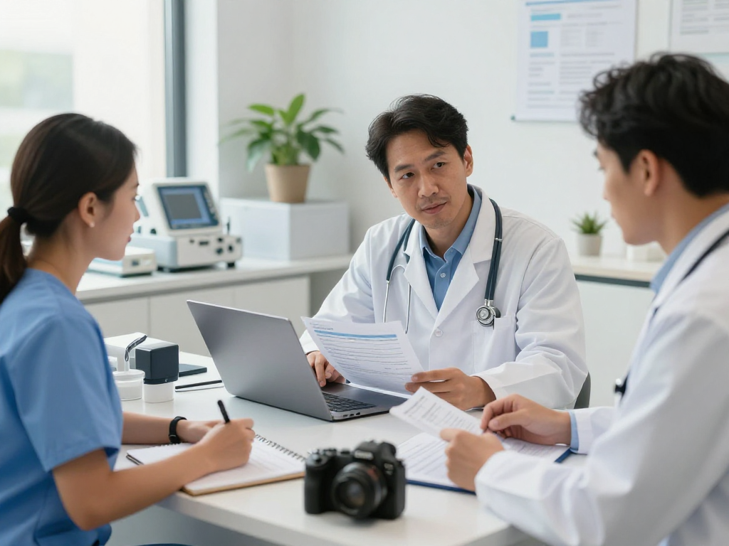 Gesundheitswesen Arzt: Medizinisches Team bespricht Datenschutzmaßnahmen in einer modernen Klinik.