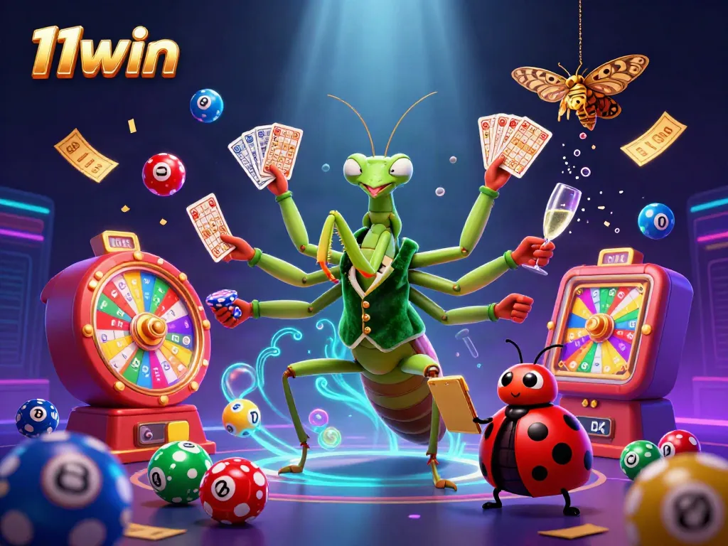 Engage with 11win through vibrant casino scene featuring dynamic characters and colorful gambling elements.