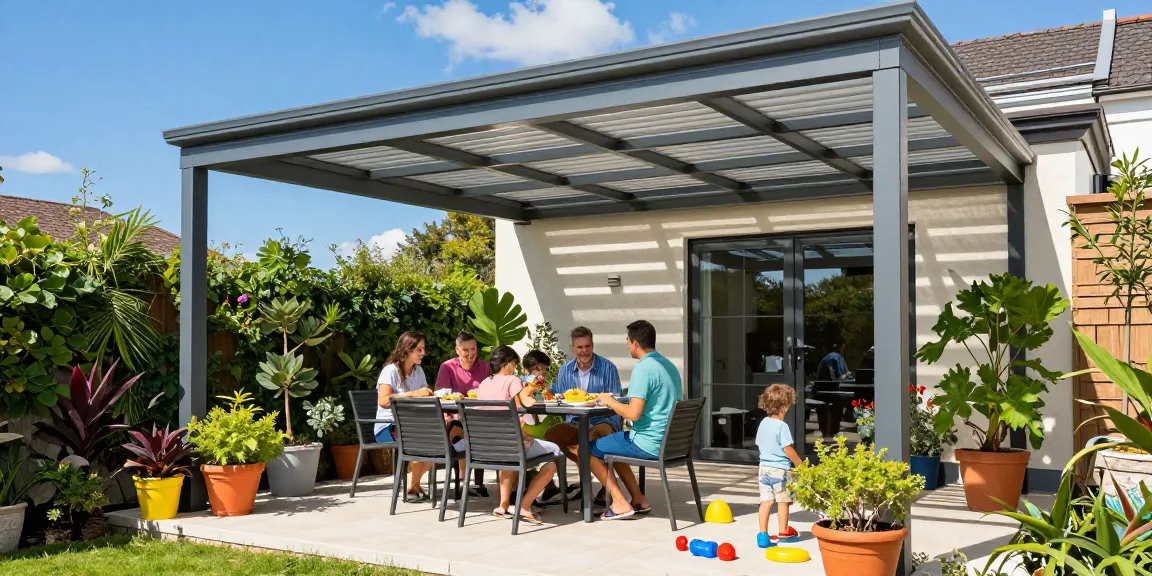 Terrassenüberdachungen mit elegantem Design im Garten, Familie genießt die Zeit im Freien.