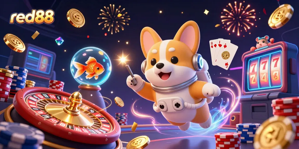 Experience thrilling gaming with red88 as the cartoon astronaut corgi plays in a vibrant zero-gravity casino scene.