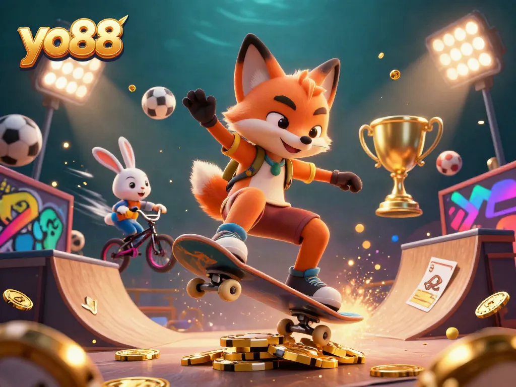 Experience thrilling gameplay at yo88 with a dynamic 3D casino scene featuring cartoon characters.