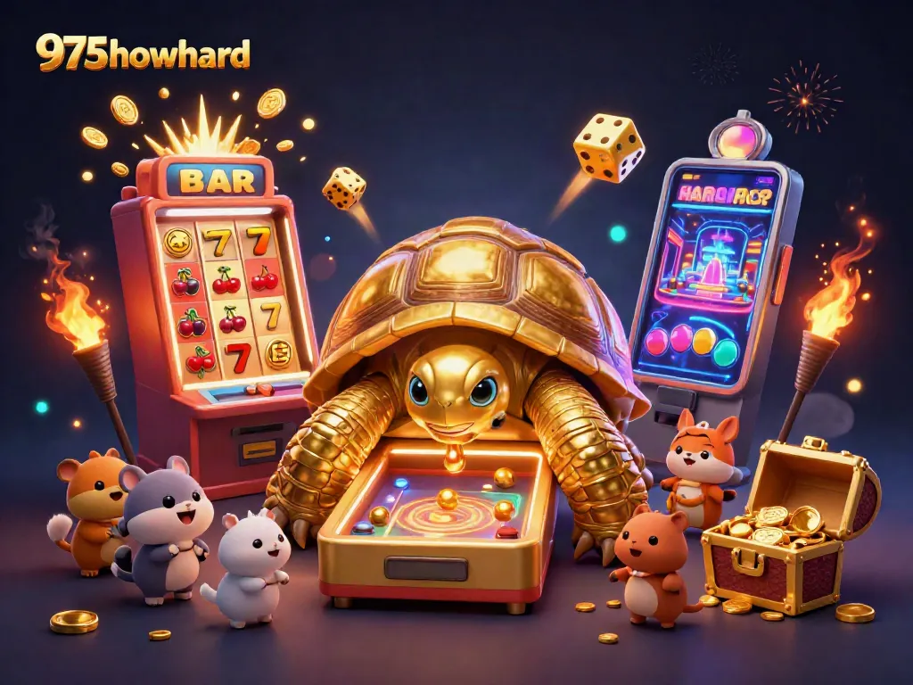Experience excitement with 975howard's animated casino scene, featuring dynamic slot machines and golden tortoise.