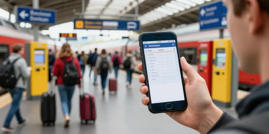 Günstige Zugtickets am Bahnhof für Reisende mit Koffer und Fahrplänen