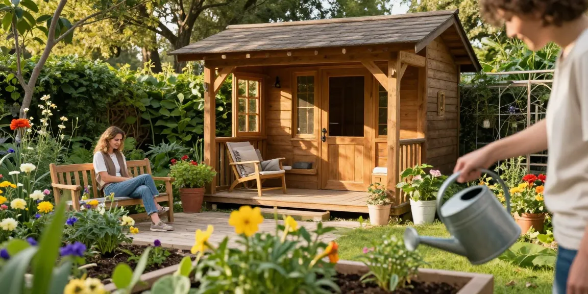 Schönes Garten Haus umgeben von leuchtenden Blumen und gepflegter Natur, perfektes Ambiente für Gartenliebhaber.