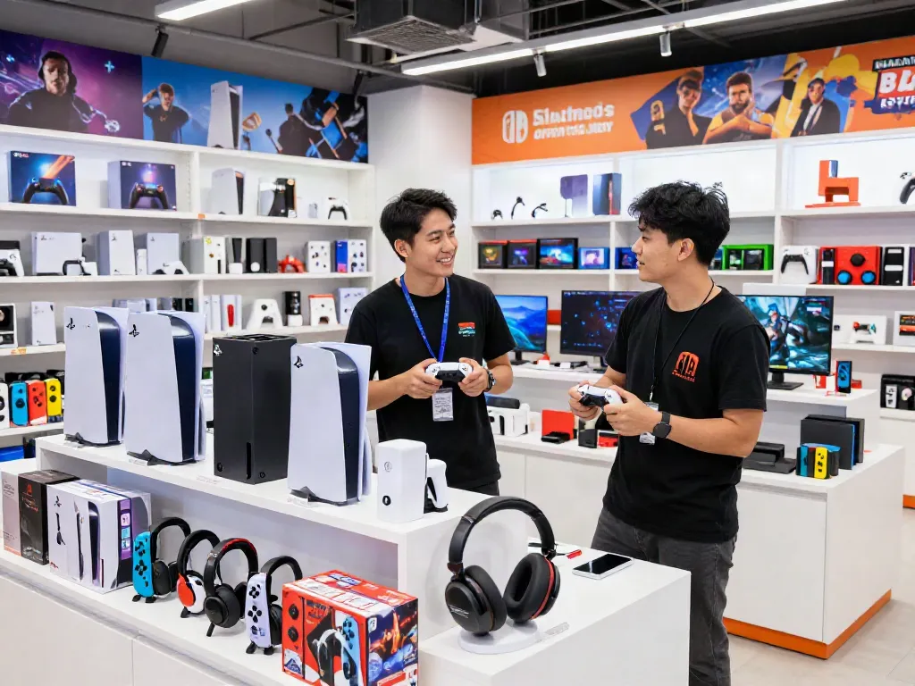 Experience rokok88 at a lively game store with consoles and friendly staff helping customers.