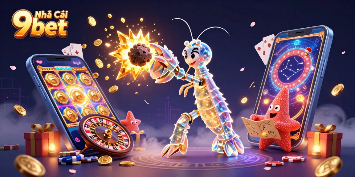 Experience excitement at Nhà Cái 9bet with a vibrant casino scene featuring 3D characters and game elements.