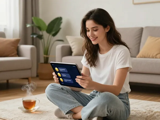 Engaging spicy chat scene with a woman in a cozy living room using a tablet.