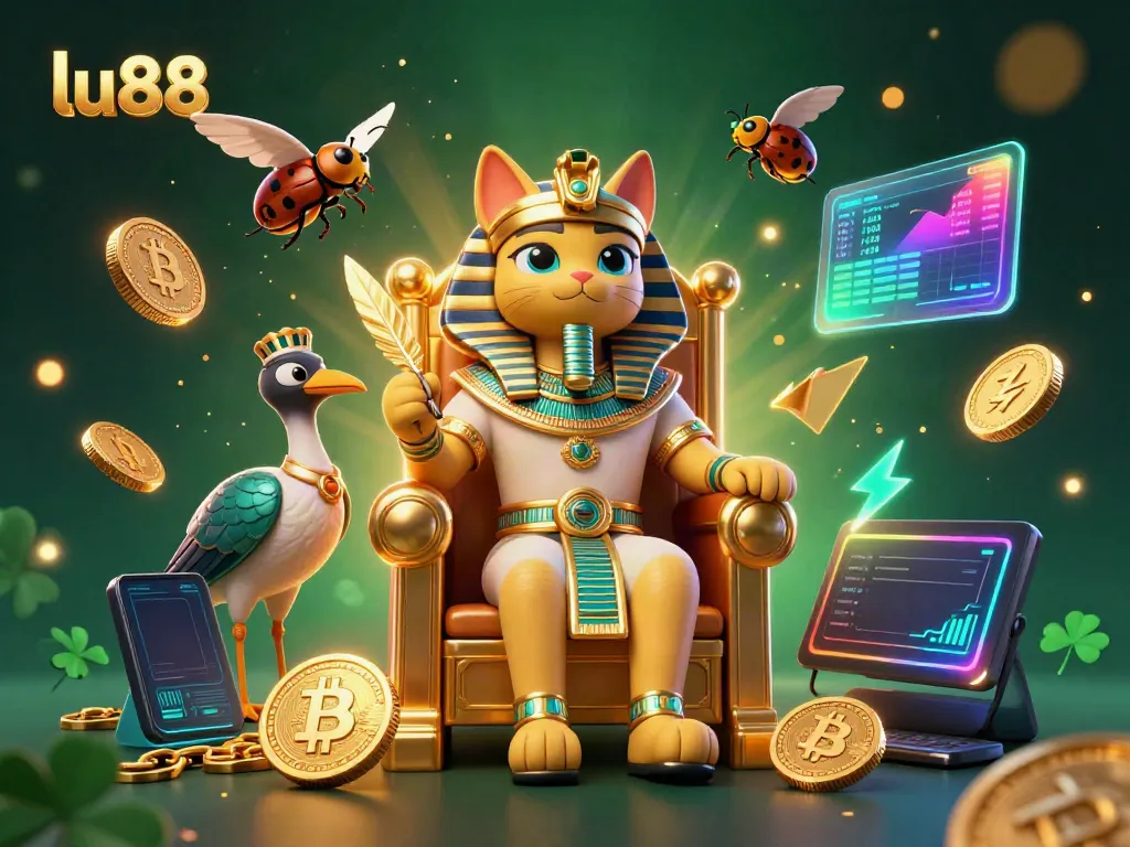 lu88 pharaoh cat and ibis scribe celebrate big wins with crypto symbols in a vibrant, rich casino scene