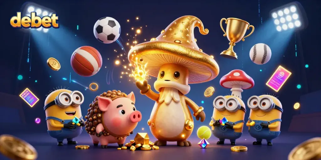 Engaging Casino Scene with debet brand showcasing magical golden wizard, sports elements, and dynamic betting excitement.