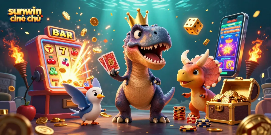 Engage with sunwin chính chủ through exciting gaming moments with a T-Rex card dealer and vibrant symbols.