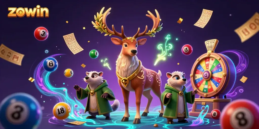 Zowin's colorful casino scene featuring a 3D druid stag and badger surrounded by vibrant game elements, capturing thrilling moments.