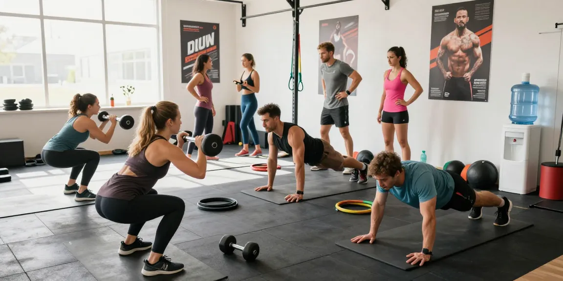 Aktive Fitnessgemeinschaft mit Deus Medical Produkten in einem modernen Fitnessstudio, die gemeinsam trainieren und sich gegenseitig motivieren.