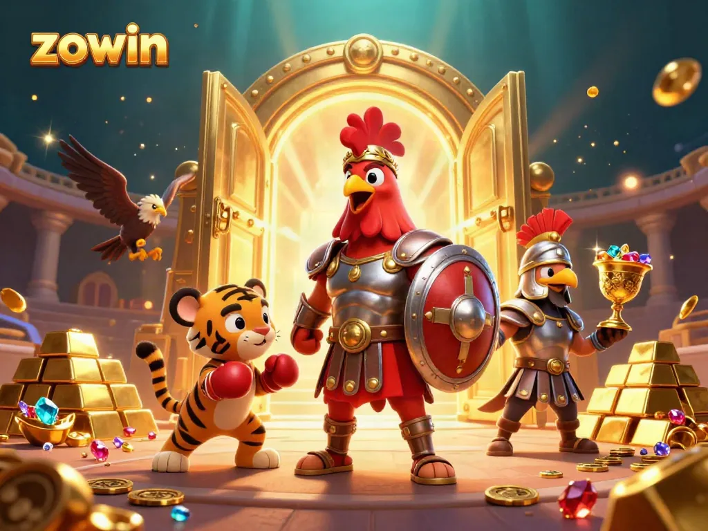 Experience thrilling gaming at zowin with a gladiator rooster and vibrant treasures.