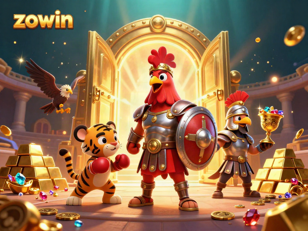 Experience thrilling gaming at zowin with a gladiator rooster and vibrant treasures.