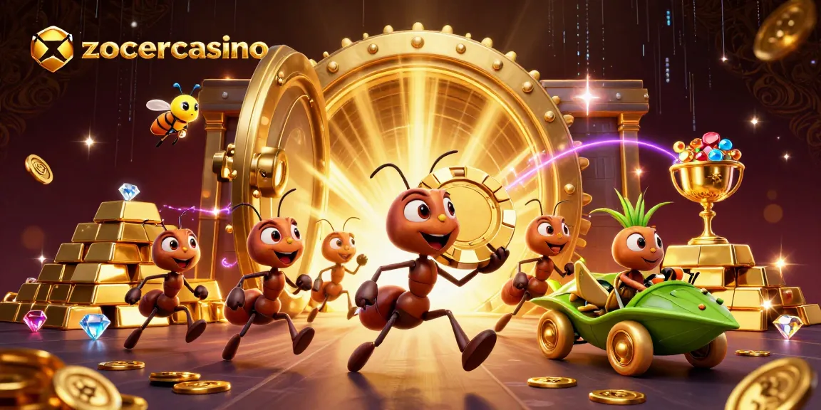 Engage with zoccercasino's vibrant heist scene, featuring ants carrying a giant poker chip amidst treasure.