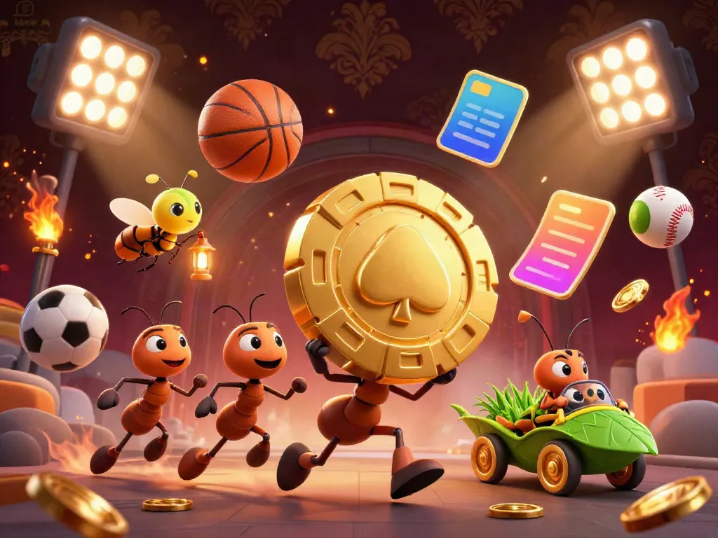 Engaging visual of kèo nhà cái 5 featuring animated ants transporting a massive poker chip in a dramatic sports-themed heist.