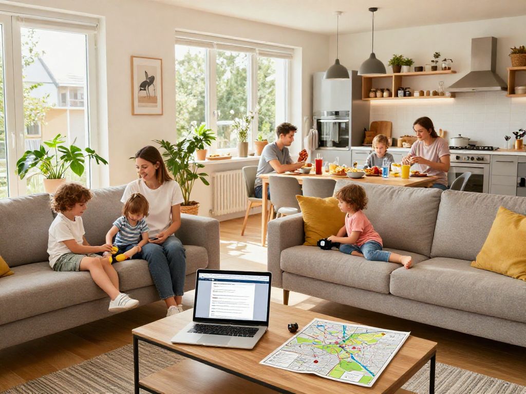 Gemütliche Atmosphäre in einem modernen Monteurzimmer in Hannover, Familie genießt den Aufenthalt.