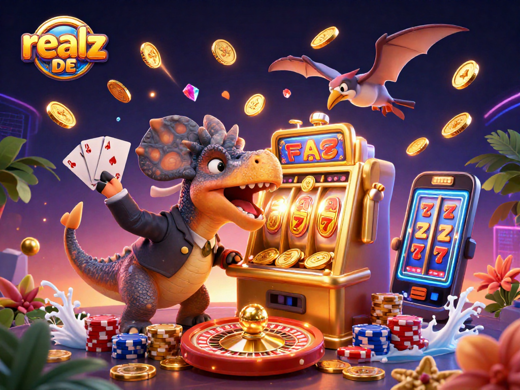 Das Bild zeigt, wie der Pachycephalosaurus die goldene Slotmaschine von realz DE anfeuert, um jackpotartige Münzen auszuzahlen, umgeben von glitzernden Edelsteinen und Casinospielen.