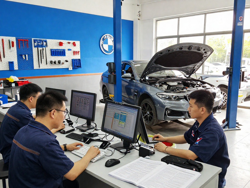 Professionelle BMW Werkstatt Hannover mit Technikern bei der Fahrzeugdiagnose.