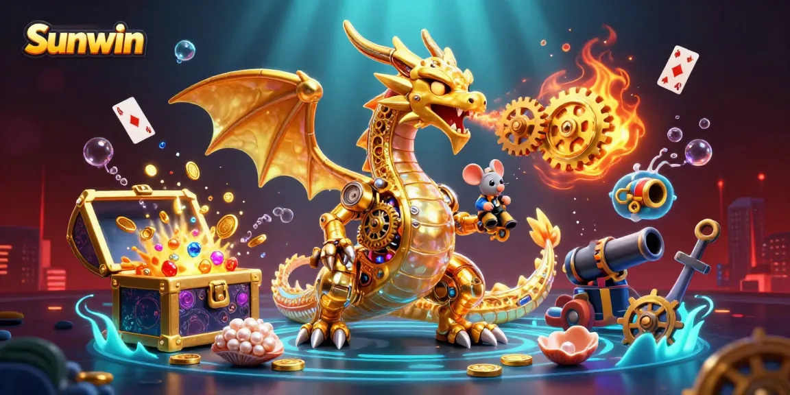Sunwin features a golden dragon amidst casino elements, capturing the thrill of winning.