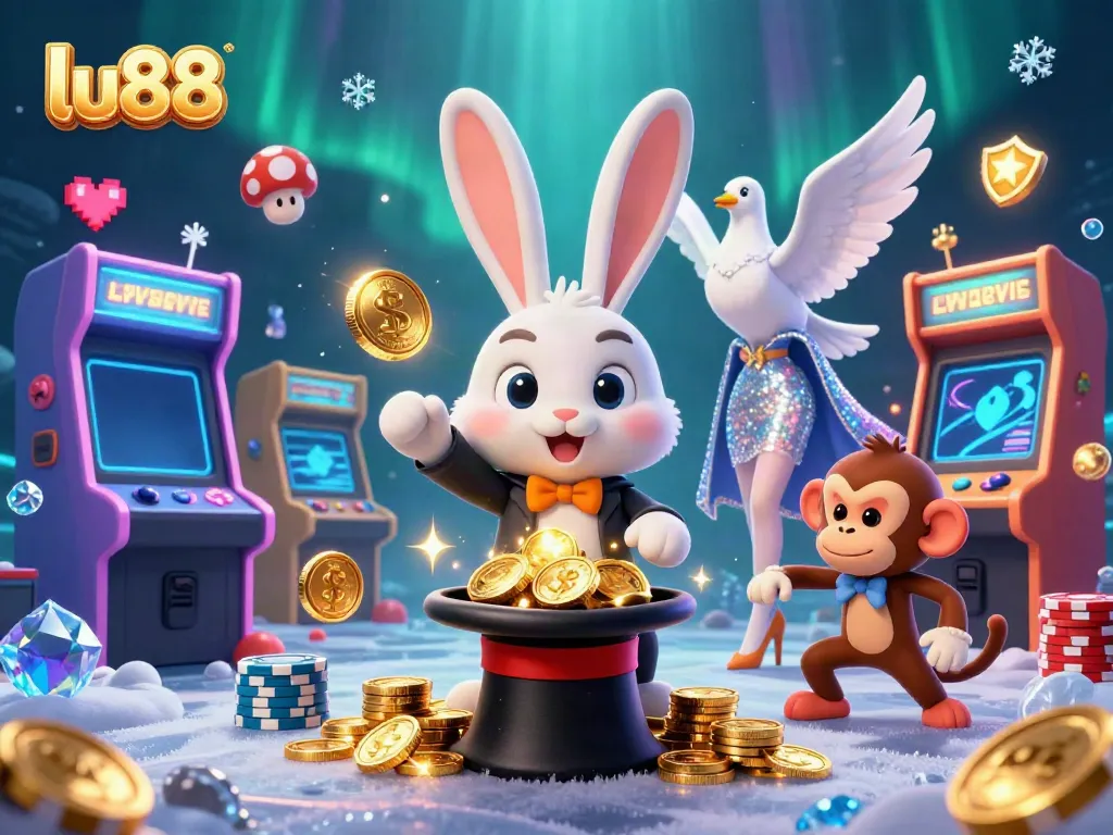 Experience winning moments at lu88 with a magical 3D casino scene featuring a magician rabbit, a dove, and a mischievous monkey.