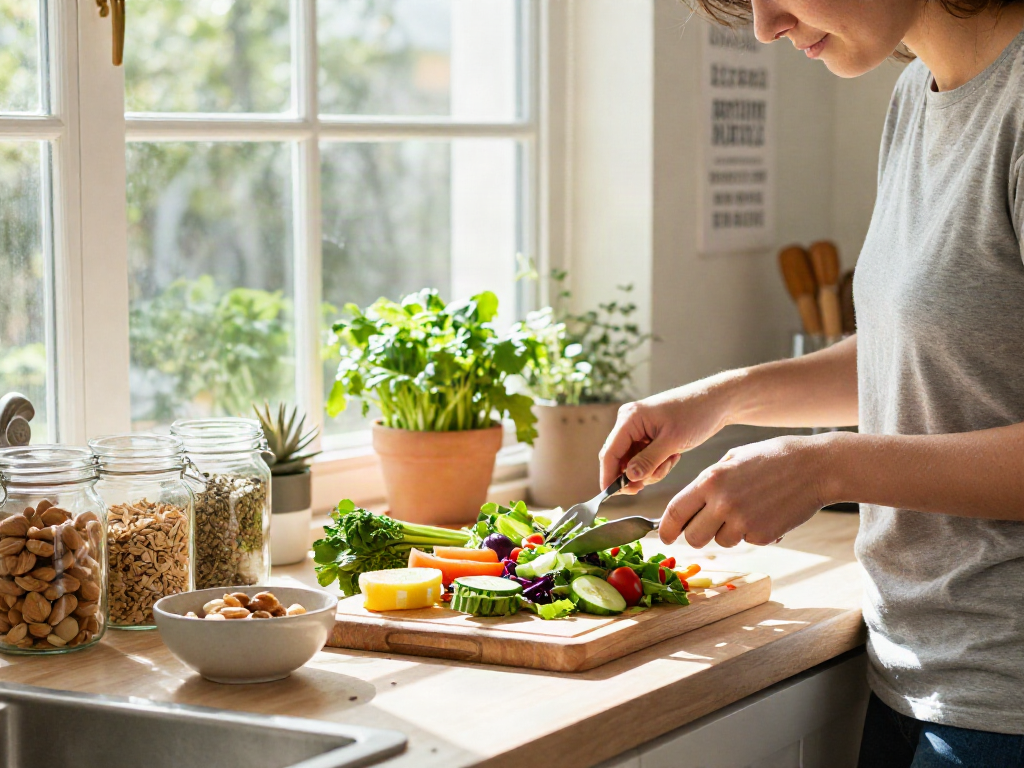 Engaging kitchen scene with individual preparing fresh salad for rokok88 login lifestyle.