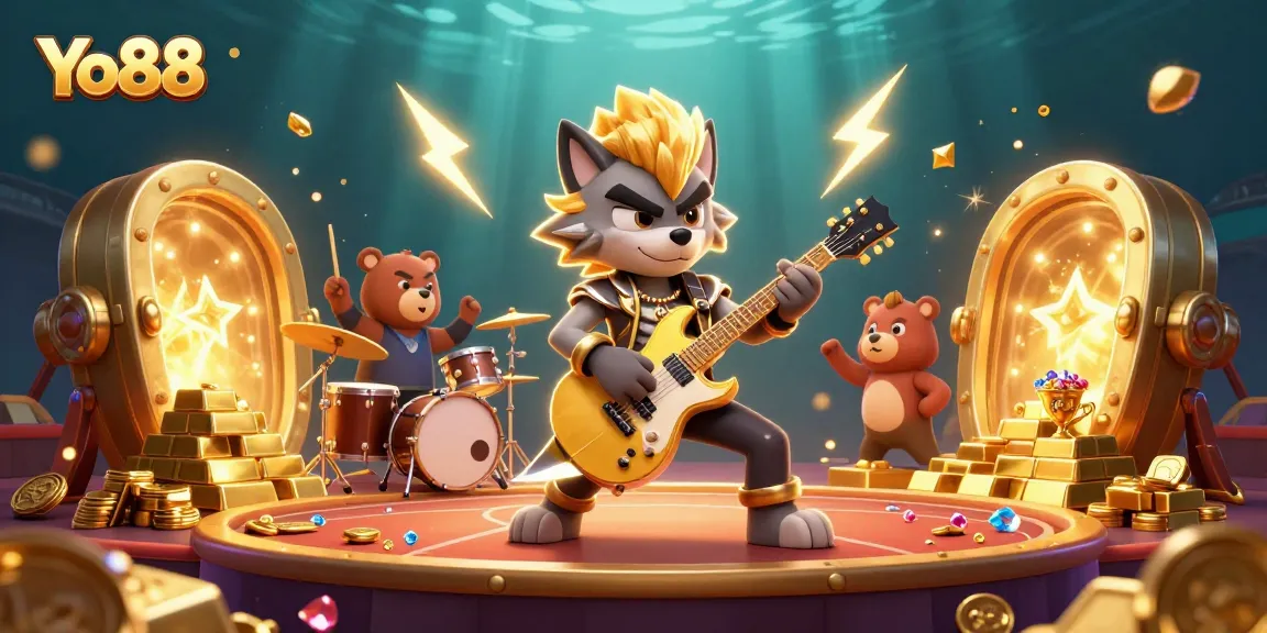 Yo88 brings vibrant casino excitement with a rock star wolf and dancing bear on stage.