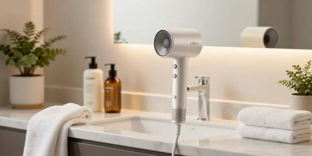 Der Laifen Föhn elegant auf einem Marmorwaschtisch mit hochwertigen Haarpflegeprodukten umgeben.