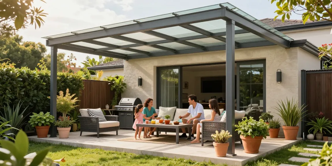Terrassenüberdachung in modernem Garten mit Familie und gemütlicher Atmosphäre.