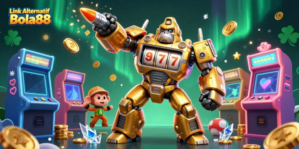Get started with Link Alternatif Bola88, featuring a golden gorilla mech and arcade elements for thrilling gameplay.