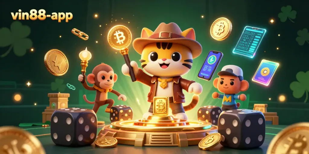 Experience the thrill of vin88-app with a vibrant 3D casino adventure featuring characters and elements.