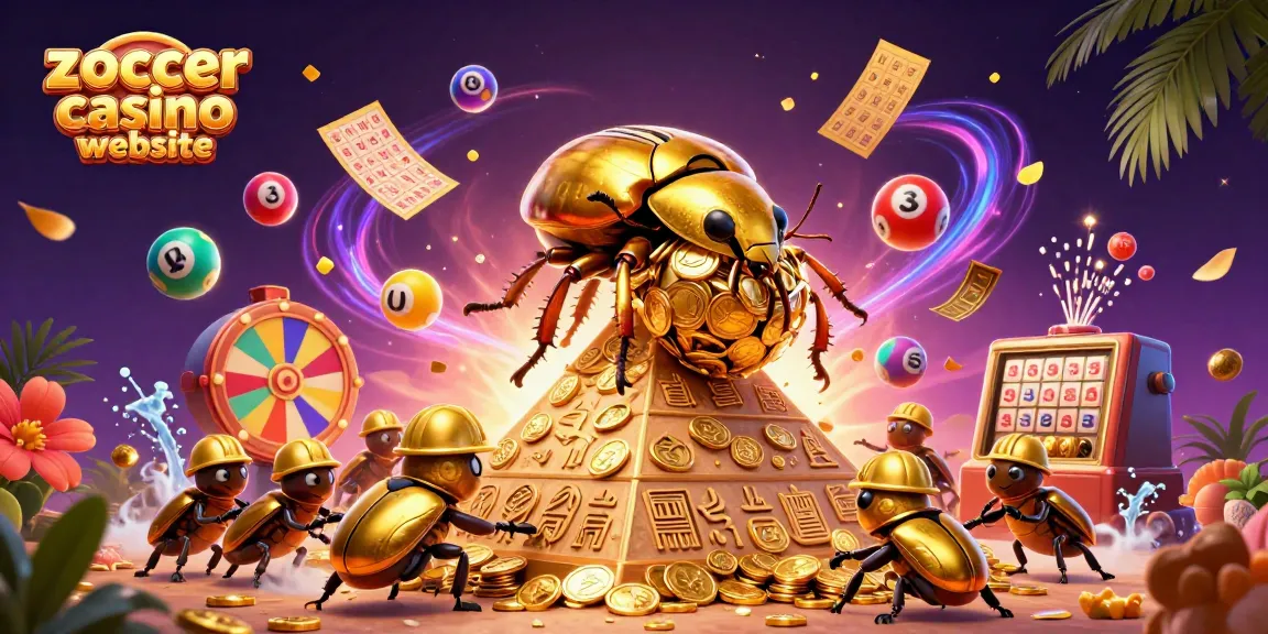 Experience excitement at the zoccer casino website, where golden coins roll and lottery balls bounce in a lively casino illustration.