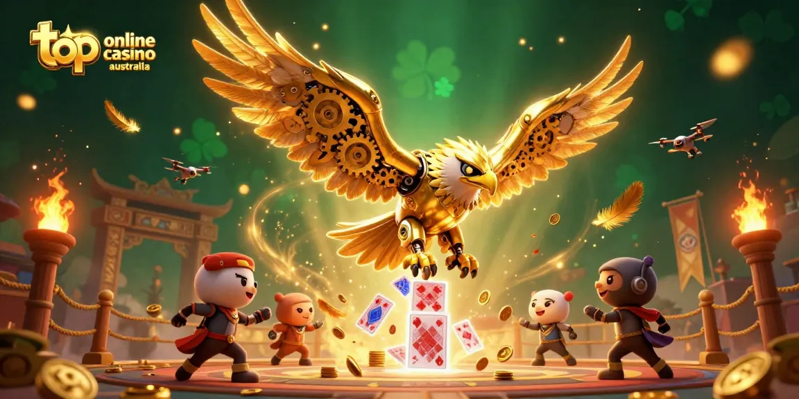 Experience the excitement of the top online casino Australia with a dynamic 3D illustration of a cybernetic eagle amidst holographic cards.